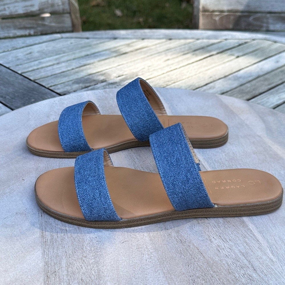 Lauren Conrad LC Womens Slide Sandals Size 8 Blue Denim Double Strap Flat Slides - Picture 11 of 13
